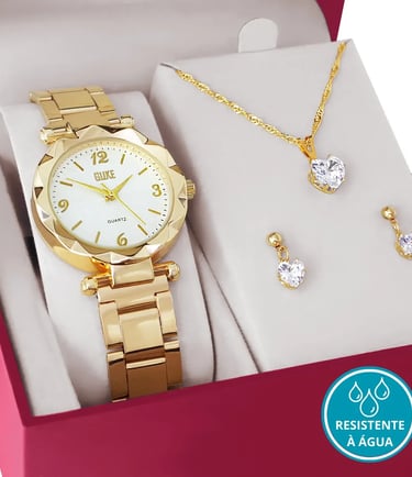 Relógio Feminino + Kit Colar Brincos Folheado Ouro 18k