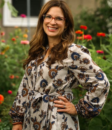 Julie Picchiotti Smiling in Front of Her Cut Flower Garden
