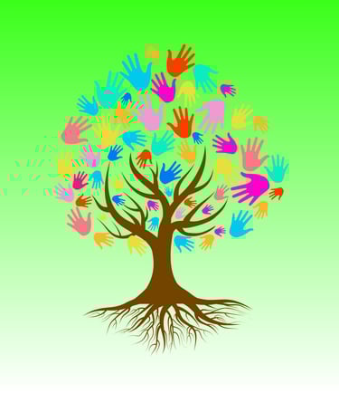 A symbolic tree made of human hands, rooted in fertile soil, representing Volunteering