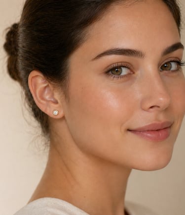 Woman wearing small gold stud earrings with clean and minimal professional styling