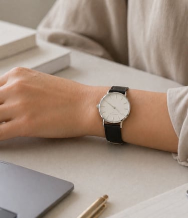 Minimal classic watch styled on wrist in a clean and professional setting
