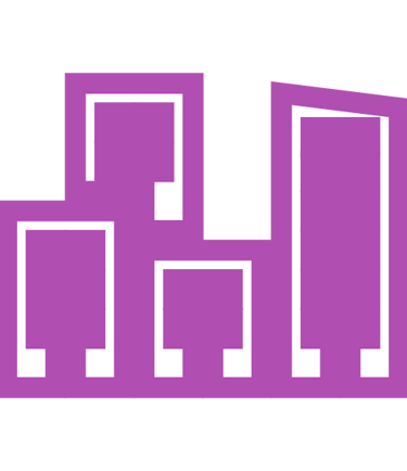 a purple cityscape with a tall building in the background