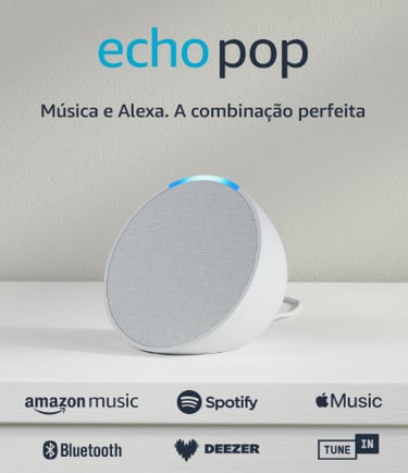 White Amazon Echo Pop smart speaker with Alexa and music streaming logos on a white shelf.
