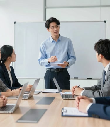 Professional students engaged in a business strategy session, presenting ideas in a modern corporate meeting room.
