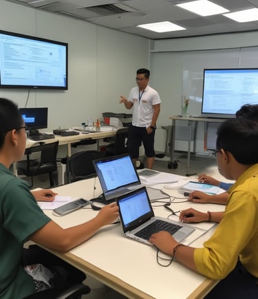Group of instructors discussing professional development materials in a bright training room.