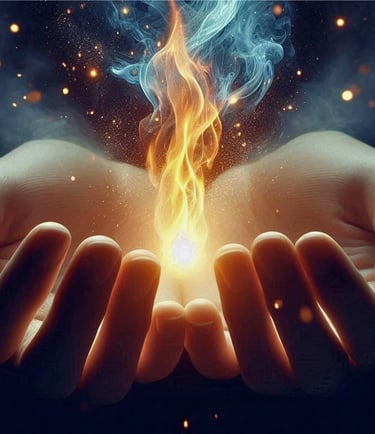 Témoignage de Marie - Deux mains en coupe qui recueillent une flamme orange.