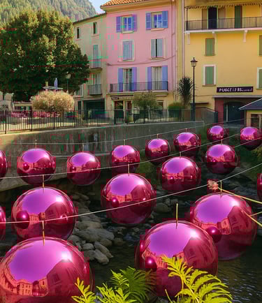 décor urbain avec des boules géantes