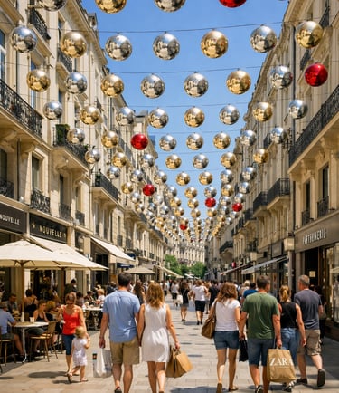 sphères géantes suspendues rue commerçante