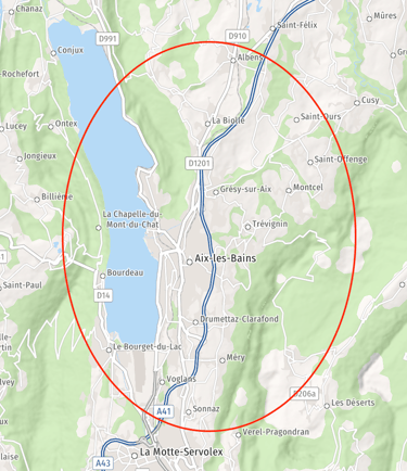 Carte Aix-les-Bains avec rayon de 10 km