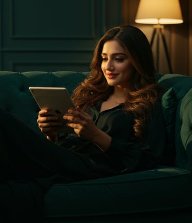 Women using control panel in hand to control smart home 