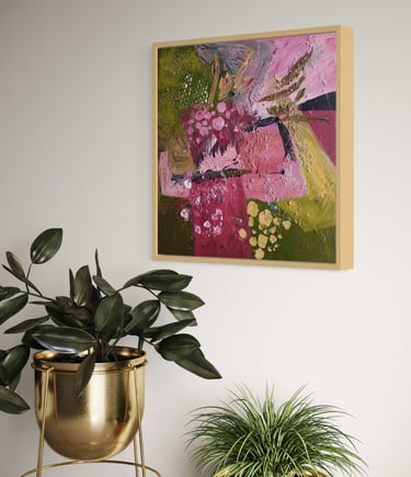 Adele’s abstract painting framed on the wall in living room