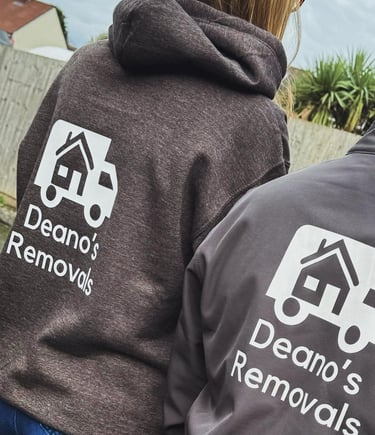 2 workers in deanos removals company jumpers