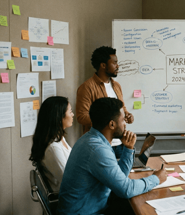 a group of people sitting around a table with papers discussing marketing strategy