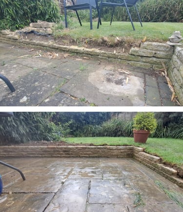 Before and after professional garden patio cleaning and stone wall restoration in a backyard.