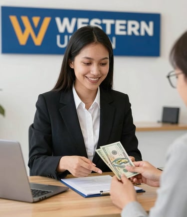 Client satisfait entrain de faire un retrait de son argent werstern union