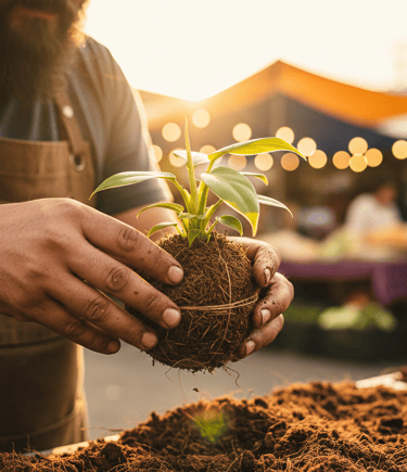 Un jardinero sostiene una pequeña planta verde en una bola de musgo kokedama en un mercado.