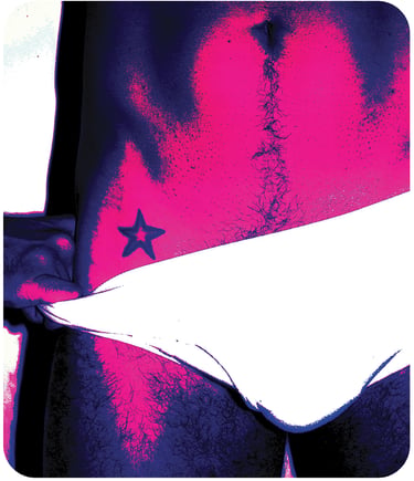 Pop art of pink man in white briefs with star tatoo on hip.