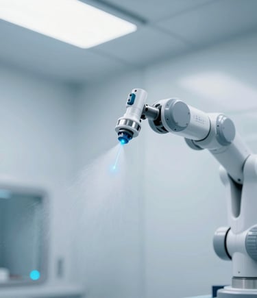 Close-up of a high-tech robotic spray arm in a clinical paint booth, spraying fine mist with electric cyan laser guidance lines, bright clinical studio lighting, cool blue and white tones, sharp focus.
