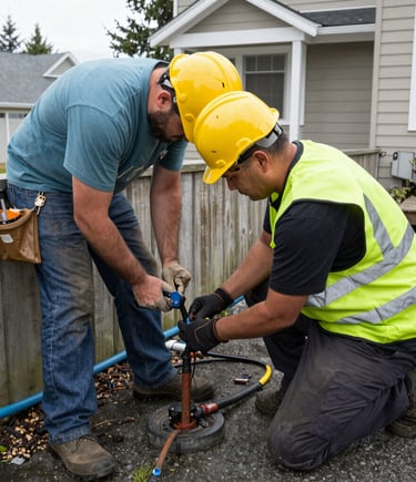 Two construction workers in hard hats and safety vests repairing an outdoor water line.