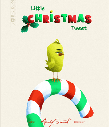 Book cover for Little Christmas Tweet featuring a small yellow bird perched on a festive candy cane.