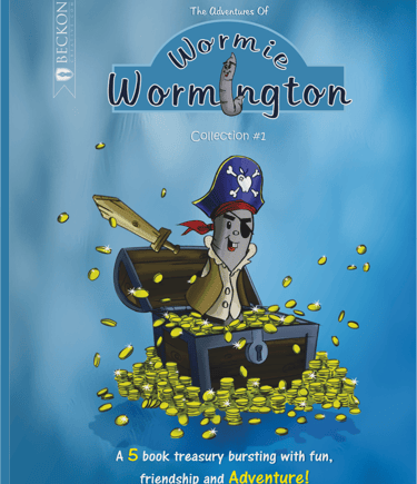 The Adventures of Wormie Wormington Collection #1 featuring a pirate worm in a gold treasure chest.