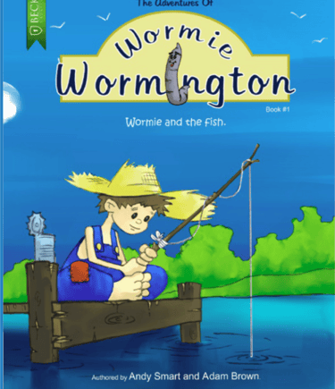 Book cover for The Adventures of Wormie Wormington Book 1 featuring a boy fishing on a wooden dock.
