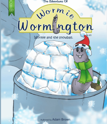 The Adventures of Wormie Wormington book 3 cover featuring a worm in winter clothes by an igloo.