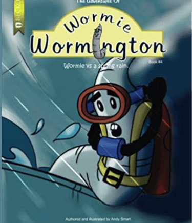 The Adventures of Wormie Wormington book 4children's book cover featuring a worm wearing scuba gear.