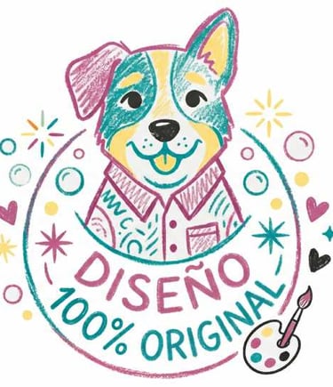 Ilustración colorida de un perro dibujada a mano con el texto "Diseño 100% Original" en español.