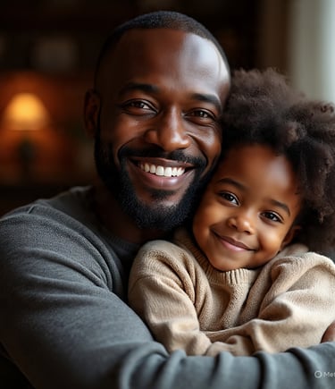 A smiling father lovingly holding his smiling daughter