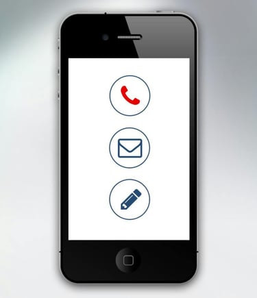 a phone screen with symbols of phone, mail and pen