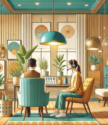 a man and woman sitting at a desk in a room
