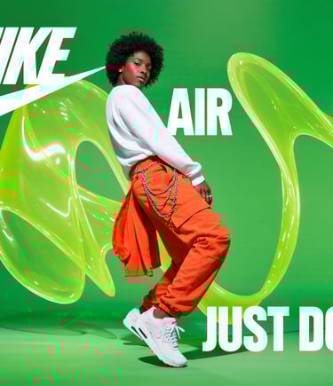 a woman in a white shirt and orange pants with a green background
