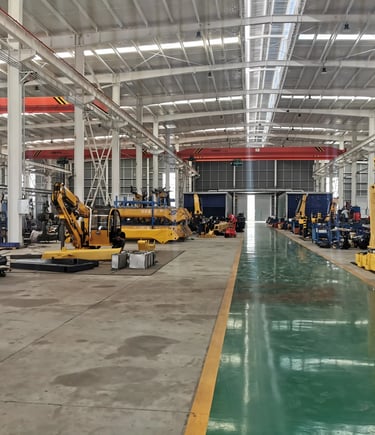 Our Zorylift factory floor: we precisely assemble articulated & knuckle boom cranes.