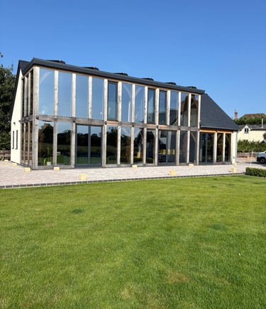 a large building with a large glass window