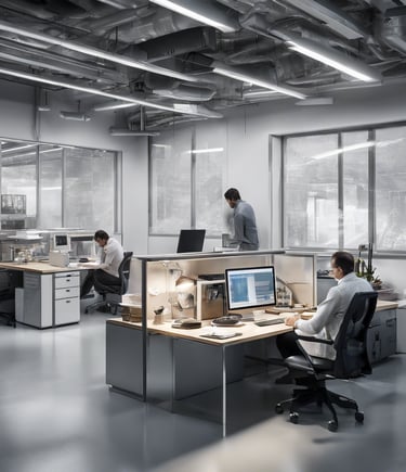 A classroom setting featuring a wooden table with a mechanical setup involving gears and rods. A paper titled 'UNIT 1 Energy and Power' is displayed, containing diagrams and text. In the background, blurred figures and classroom materials can be seen.