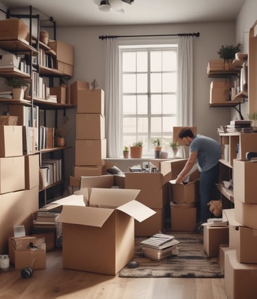 a man is moving boxes of boxes in a room