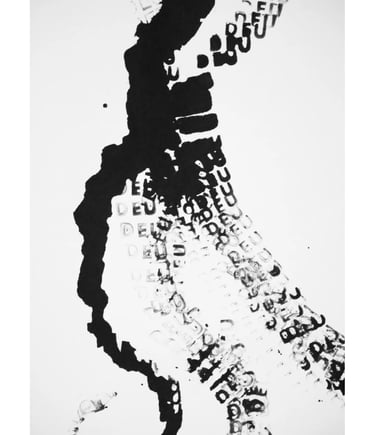 Abstract black and white typography art featuring ink stamp textures and repetitive letter patterns.