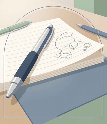 Minimal editorial illustration of a notebook and pens representing the writing and creative process