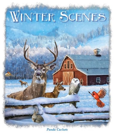 Cachet illustration of winter scene of barn and wildlife