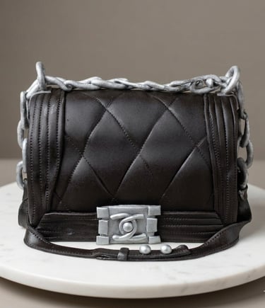 Torta 3D hiperrealista en forma de bolso negro con detalles plateados elaborada por Cocina con Ely, 