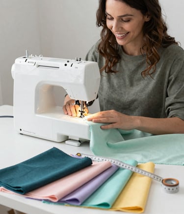imagen de una mujer sentada frente a maquina de coser con telas y cinta metrica