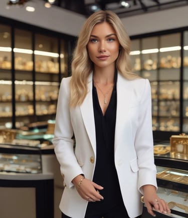 Mujer profesional con cabello rubio ondulado que viste un blazer blanco en una joyería de lujo.