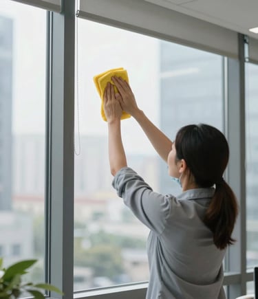 Smiling cleaning team ready to provide top-quality service in a corporate office.