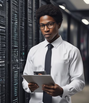 A smiling Senegalese woman using a mobile app for financial transactions in a lively market setting.
