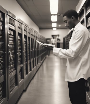A smiling Senegalese woman using a mobile app for financial transactions in a lively market setting.