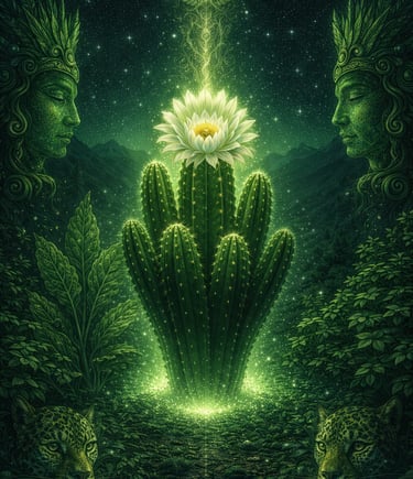 Surreal digital art of a glowing San Pedro cactus with a white flower, jaguars, and mystical green figures.