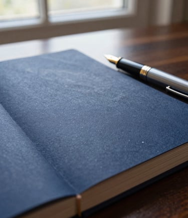 Macro close-up of a high-quality tactile paper ledger and a classic fountain pen resting on a dark wood desk under soft, natural window light