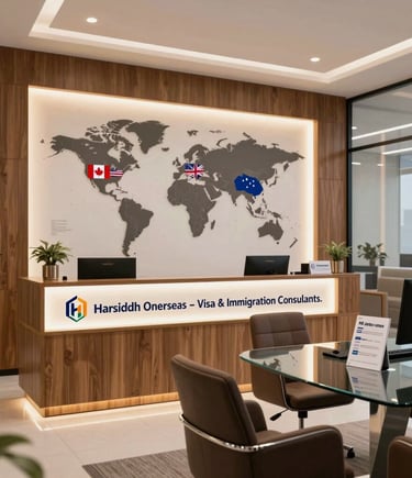 Portrait of Dr. Priyanka Solanki and Siddhant Leuva discussing visa applications in a modern consultancy setting.