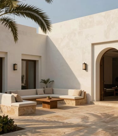 A serene architectural photograph of a boutique hotel courtyard at golden hour, featuring minimalist stone surfaces in warm tan and alabaster white. Soft shadows from manicured palm fronds drape across a quiet, elegant seating area designed for global cosmopolitan luxury travelers. High-end, sophisticated lifestyle aesthetic.